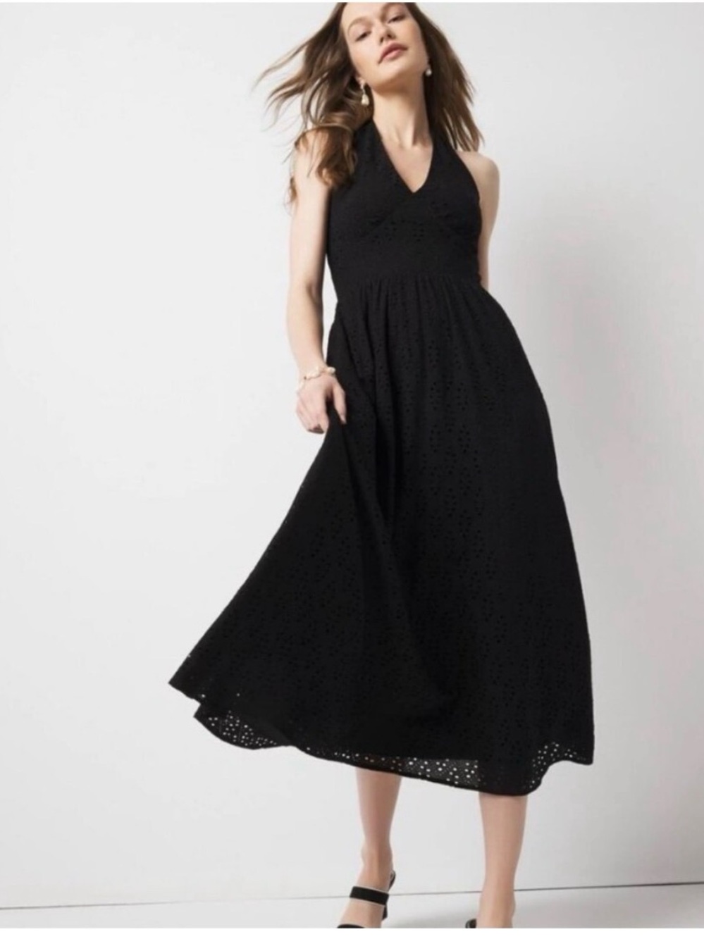 NWT White House Black Market Black Halter Eyelet Midi Dress Size 0